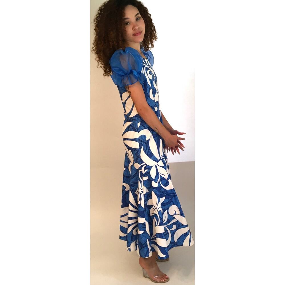 Vintage Dress Women's Medium Blue & White Tropical Floral Cotton Peplum Dress - Picture 5 of 5